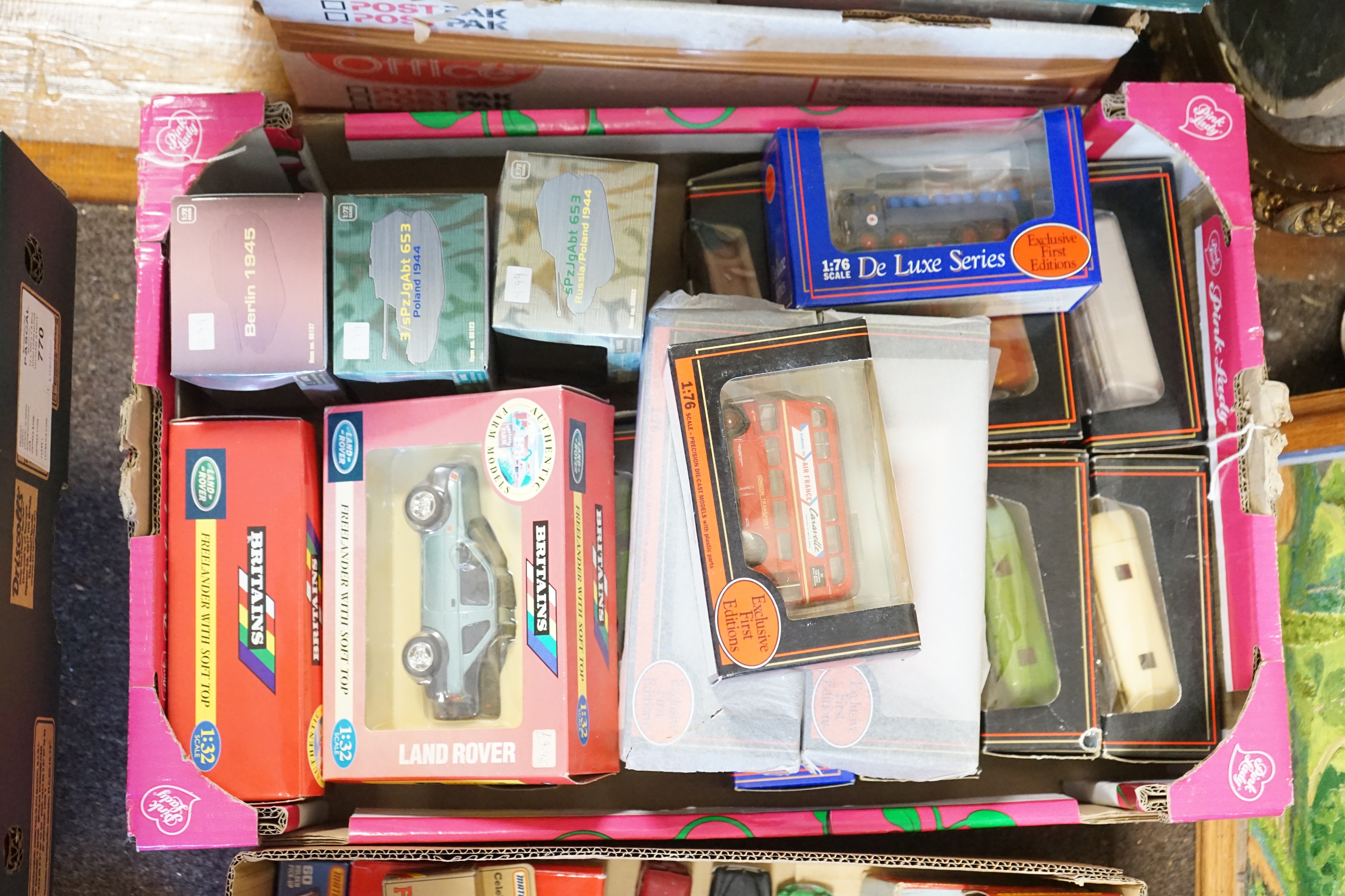 Forty six boxed diecast vehicles and play figures by Matchbox, Britains, EFE, Barbie, etc.